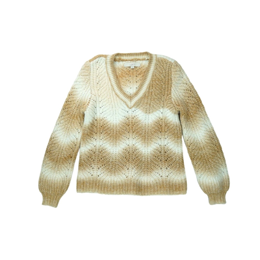 LOFT Spacedye V-Neck Sweater Small Blouson Sleeve Brown‎ White